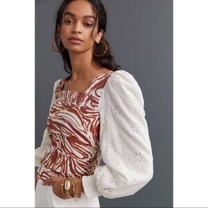 NEW Anthropologie Love the Label Smocked Puff-Sleeve Square Neck Blouse Medium